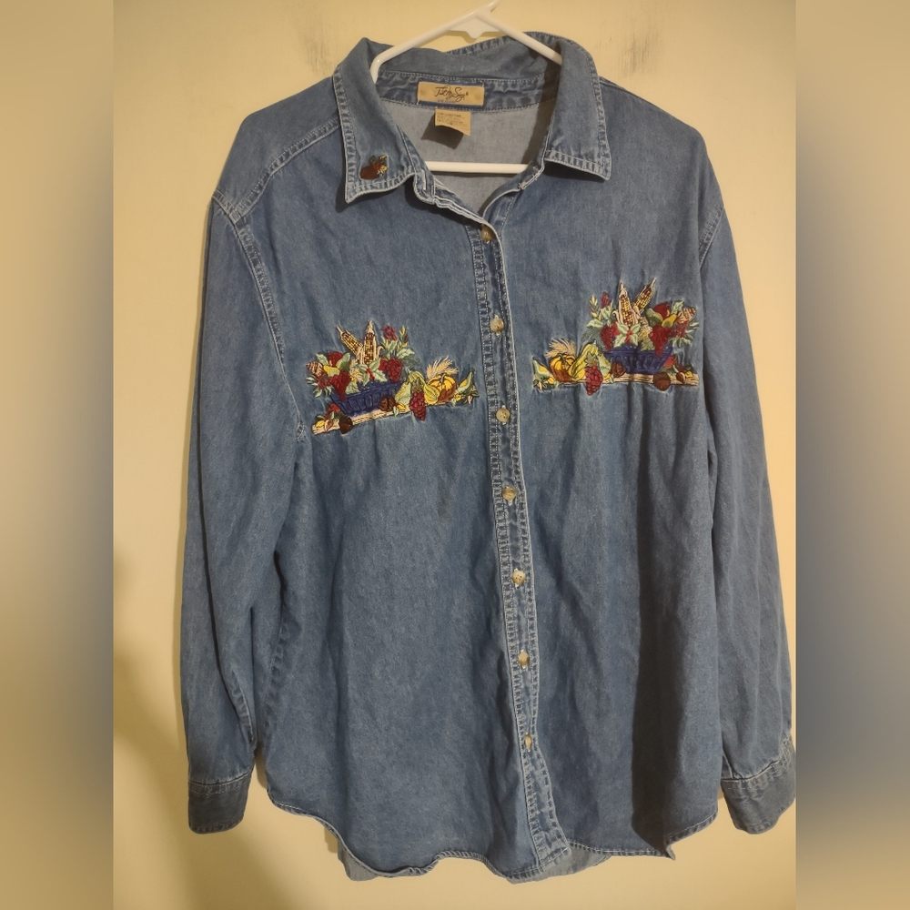 Just My Size Denim VTG Shirt Women's 18W Embroidered Fall Cottage‎ Grandmacore